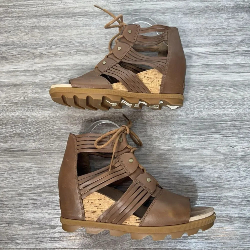 Sorel Joanie II Lace Huarache Wedge Sandal Size 10.5 Brown Leather Strappy